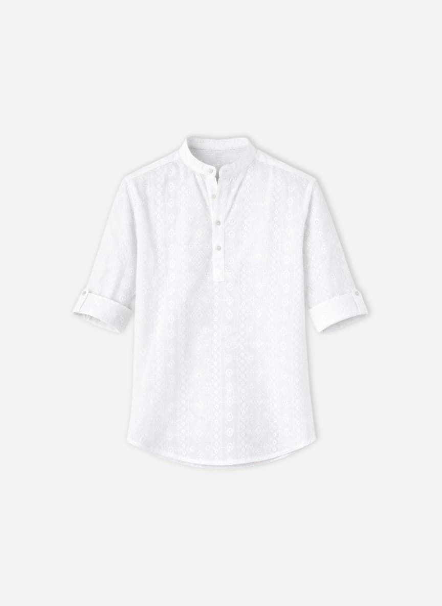 Vastrado Geometric Embroidered Band Collar Thread Work Straight Cotton Kurta