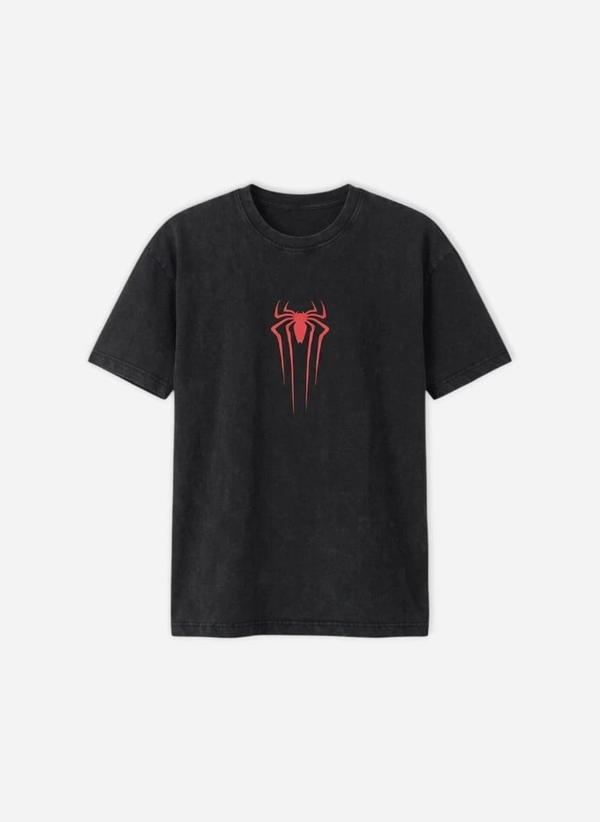 Veirdo Marvel Black Spiderman Typography Printed Cotton Oversized T-shirt