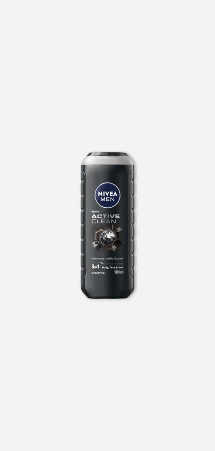 Nivea Men Active Clean 3-in1 Shower Gel with Charcoal for Body Face & Hair - 500ml