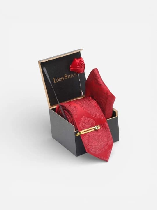 Louis Stitch Men Scarlet Red Italian Silk Necktie Accessory Gift Set