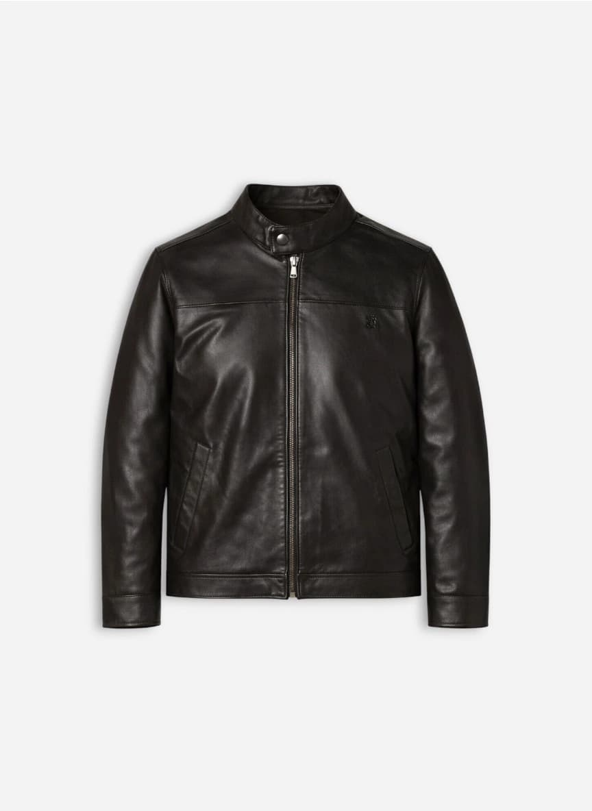 Tortoise Men Mandarin Collar Solid Lightweight Leather Jacket