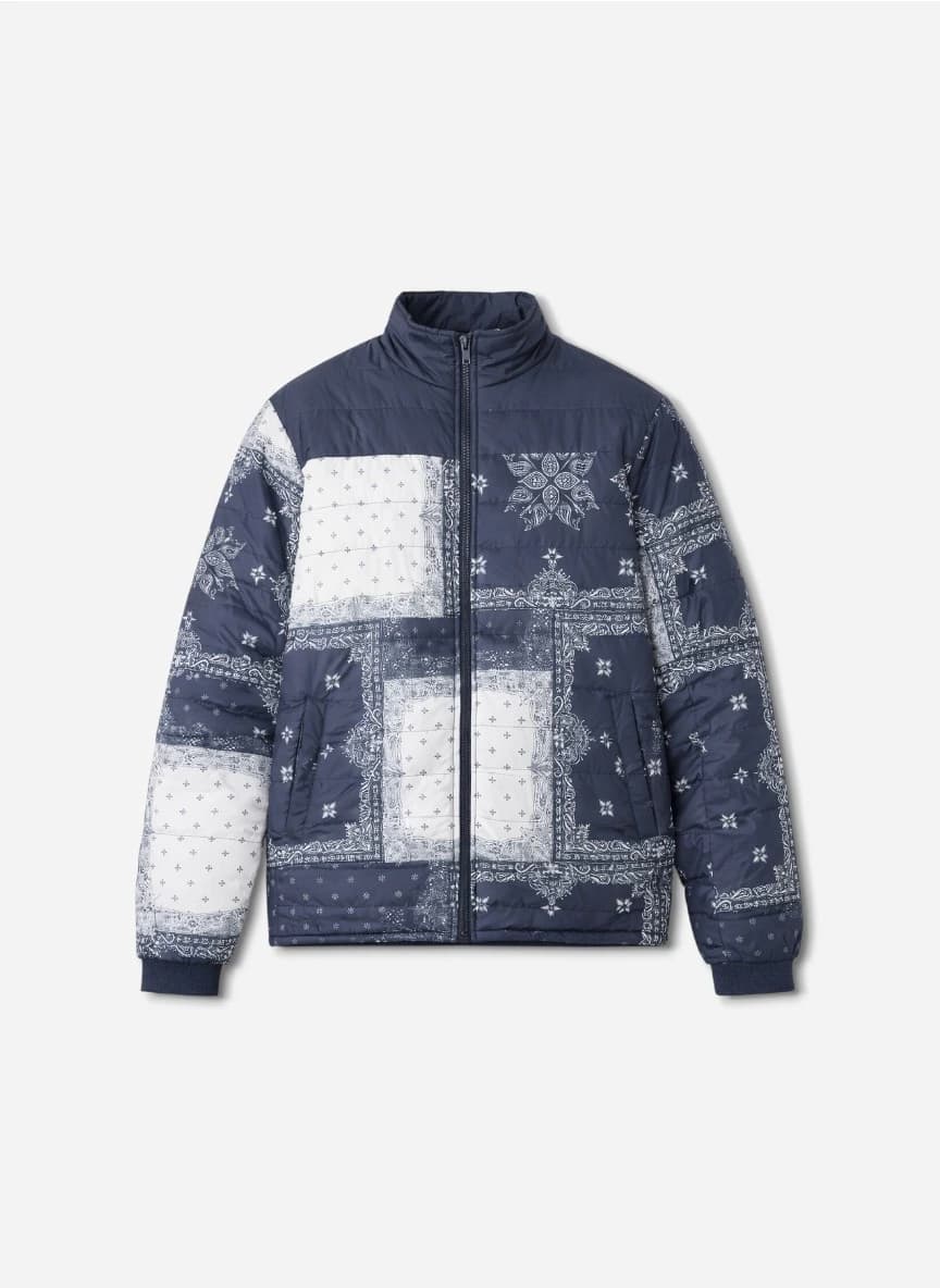 The Souled Store Navy Blue Ethnic Motif Printed Stand Collar Reversible Puffer Jacket